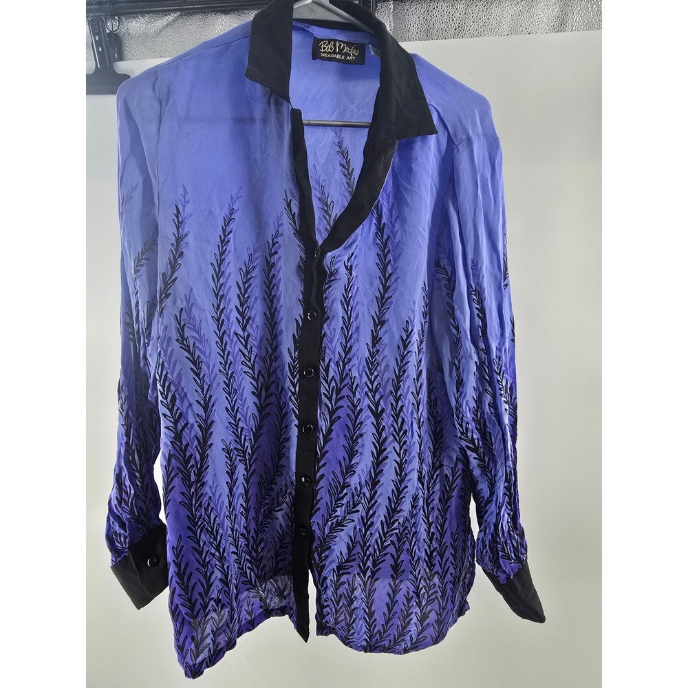 Bob Mackie Wearable Art Blue Black Botanical Print Button Down Blouse Womens M‎